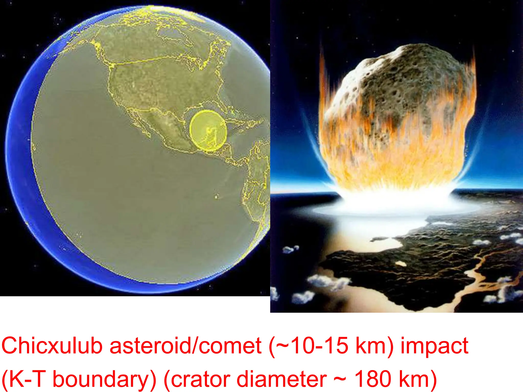 Chicxulub asteroid/comet (~10-15 km) impact
(K-T boundary) (crator diameter ~ 180 km)
 