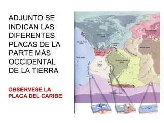 ADJUNTO SE
INDICAN LAS
DIFERENTES
PLACAS DE LA
PARTE MÁS
OCCIDENTAL
DE LA TIERRA
OBSERVESE LA
PLACA DEL CARIBE
 