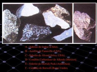 29
A - Siderito deA - Siderito de ImilacImilac (Chile);(Chile);
B - Aerólito deB - Aerólito de FarmvilleFarmville (USA);(USA);
C - Siderito deC - Siderito de Alvord (Iowa,Alvord (Iowa, USA);USA);
D - Condrito Carbonáceo deD - Condrito Carbonáceo de AllendeAllende (México);(México);
E - Siderito deE - Siderito de Derrick PeakDerrick Peak (Antárctica);(Antárctica);
F - Condrito deF - Condrito de BarwellBarwell (Reino Unido).(Reino Unido).
 