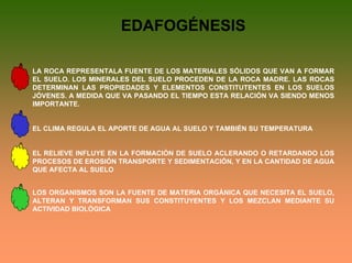 EDAFOGÉNESIS
LA ROCA REPRESENTALA FUENTE DE LOS MATERIALES SÓLIDOS QUE VAN A FORMAR
EL SUELO. LOS MINERALES DEL SUELO PROCEDEN DE LA ROCA MADRE. LAS ROCAS
DETERMINAN LAS PROPIEDADES Y ELEMENTOS CONSTITUTENTES EN LOS SUELOS
JÓVENES. A MEDIDA QUE VA PASANDO EL TIEMPO ESTA RELACIÓN VA SIENDO MENOS
IMPORTANTE.
EL CLIMA REGULA EL APORTE DE AGUA AL SUELO Y TAMBIÉN SU TEMPERATURA
EL RELIEVE INFLUYE EN LA FORMACIÓN DE SUELO ACLERANDO O RETARDANDO LOS
PROCESOS DE EROSIÓN TRANSPORTE Y SEDIMENTACIÓN, Y EN LA CANTIDAD DE AGUA
QUE AFECTA AL SUELO
LOS ORGANISMOS SON LA FUENTE DE MATERIA ORGÁNICA QUE NECESITA EL SUELO,
ALTERAN Y TRANSFORMAN SUS CONSTITUYENTES Y LOS MEZCLAN MEDIANTE SU
ACTIVIDAD BIOLÓGICA
 