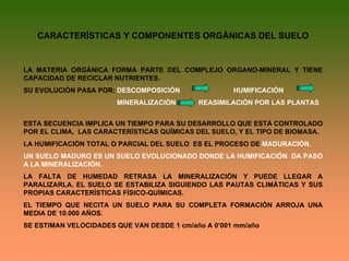 CARACTERÍSTICAS Y COMPONENTES ORGÁNICAS DEL SUELO
LA MATERIA ORGÁNICA FORMA PARTE DEL COMPLEJO ORGANO-MINERAL Y TIENE
CAPACIDAD DE RECICLAR NUTRIENTES.
SU EVOLUCIÓN PASA POR: DESCOMPOSICIÓN HUMIFICACIÓN
MINERALIZACIÓN REASIMILACIÓN POR LAS PLANTAS
ESTA SECUENCIA IMPLICA UN TIEMPO PARA SU DESARROLLO QUE ESTÁ CONTROLADO
POR EL CLIMA, LAS CARACTERÍSTICAS QUÍMICAS DEL SUELO, Y EL TIPO DE BIOMASA.
LA HUMIFICACIÓN TOTAL O PARCIAL DEL SUELO ES EL PROCESO DE MADURACIÓN.
UN SUELO MADURO ES UN SUELO EVOLUCIONADO DONDE LA HUMIFICACIÓN DA PASO
A LA MINERALIZACIÓN.
LA FALTA DE HUMEDAD RETRASA LA MINERALIZACIÓN Y PUEDE LLEGAR A
PARALIZARLA. EL SUELO SE ESTABILIZA SIGUIENDO LAS PAUTAS CLIMÁTICAS Y SUS
PROPIAS CARACTERÍSTICAS FÍSICO-QUÍMICAS.
EL TIEMPO QUE NECITA UN SUELO PARA SU COMPLETA FORMACIÓN ARROJA UNA
MEDIA DE 10.000 AÑOS.
SE ESTIMAN VELOCIDADES QUE VAN DESDE 1 cm/año A 0’001 mm/año
 