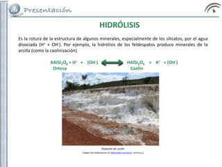 Es la rotura de la estructura de algunos minerales, especialmente de los silicatos, por el agua
disociada (H+ + OH-). Por ejemplo, la hidrólisis de los feldespatos produce minerales de la
arcilla (como la caolinización).
KAlSi3O8 + H+ + (OH-) HAlSi3O8 + K+ + (OH-)
Ortosa Caolín
HIDRÓLISIS
Depósito de caolín
Imagen de svtjalenquess en Wikimedia commons. Licencia cc
 