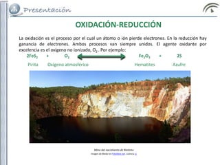 La oxidación es el proceso por el cual un átomo o ión pierde electrones. En la reducción hay
ganancia de electrones. Ambos procesos van siempre unidos. El agente oxidante por
excelencia es el oxígeno no ionizado, O2 . Por ejemplo:
2FeS2 + O2 Fe2O3 + 2S
Pirita Oxígeno atmosférico Hematites Azufre
OXIDACIÓN-REDUCCIÓN
Mina del nacimiento de Riotinto
Imagen de Medyr en Fotolibre.net. Licencia cc
 
