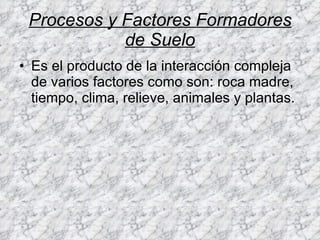 Procesos y Factores Formadores de Suelo Es el producto de la interacción compleja de varios factores como son: roca madre, tiempo, clima, relieve, animales y plantas. 