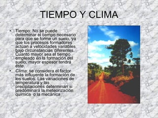 TIEMPO Y CLIMA Tiempo: No se puede determinar el tiempo necesario para que se forme un suelo, ya que los procesos formadores actúan a velocidades variables bajo circunstancias diferentes. Cuanto mayor sea el tiempo empleado en la formación del suelo, mayor espesor tendrá éste. Clima : se considera el factor más influyente la formación de los suelos. Las variaciones de temperatura y las precipitaciones determinan si predominará la meteorización química  o la mecánica  