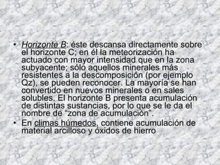 Horizonte B : éste descansa directamente sobre el horizonte C; en él la meteorización ha actuado con mayor intensidad que en la zona subyacente; sólo aquellos minerales más resistentes a la descomposición (por ejemplo Qz), se pueden reconocer. La mayoría se han convertido en nuevos minerales o en sales solubles. El horizonte B presenta acumulación de distintas sustancias, por lo que se le da el nombre de “zona de acumulación”.  En  climas húmedos , contiene acumulación de material arcilloso y óxidos de hierro 