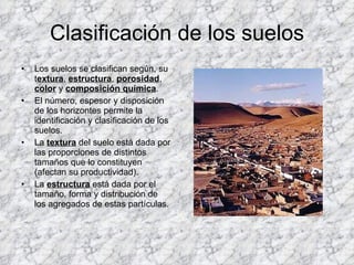 Clasificación de los suelos Los suelos se clasifican según, su t extura ,  estructura ,  porosidad ,  color  y  composición química . El número, espesor y disposición de los horizontes permite la identificación y clasificación de los suelos.  La  textura  del suelo está dada por las proporciones de distintos tamaños que lo constituyen (afectan su productividad).  La  estructura  está dada por el tamaño, forma y distribución de los agregados de estas partículas.  