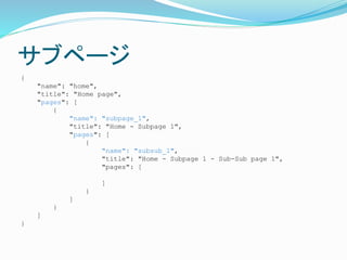 ֥ک`
{
"name": "home",
"title": "Home page",
"pages": [
{
"name": "subpage_1",
"title": "Home - Subpage 1",
"pages": [
{
"name": "subsub_1",
"title": "Home - Subpage 1 - Sub-Sub page 1",
"pages": [
]
}
]
}
]
}
 