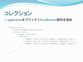 쥯
? application֥ȤcollectionsФ׷
{
"application": {
"title": "Example application",
"collections": [
{ "name": "customers"
"fields": [
{ "name": "name", "title": "Name", "required": true },
{ "name": "phone", "title": "Phone", "default": "-" },
{ "name": "email", "title": "E-mail", "type": "email" }
]
}
],
}
}
 