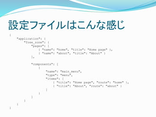 OեϤʸФ
{
"application": {
"free_zone": {
"pages": [
{ "name": "home", "title": "Home page" },
{ "name": "about", "title": "About" }
],
"components": [
{
"name": "main_menu",
"type": "menu",
"items": [
{ "title": "Home page", "route": "home" },
{ "title": "About", "route": "about" }
]
}
]
}
}
}
 