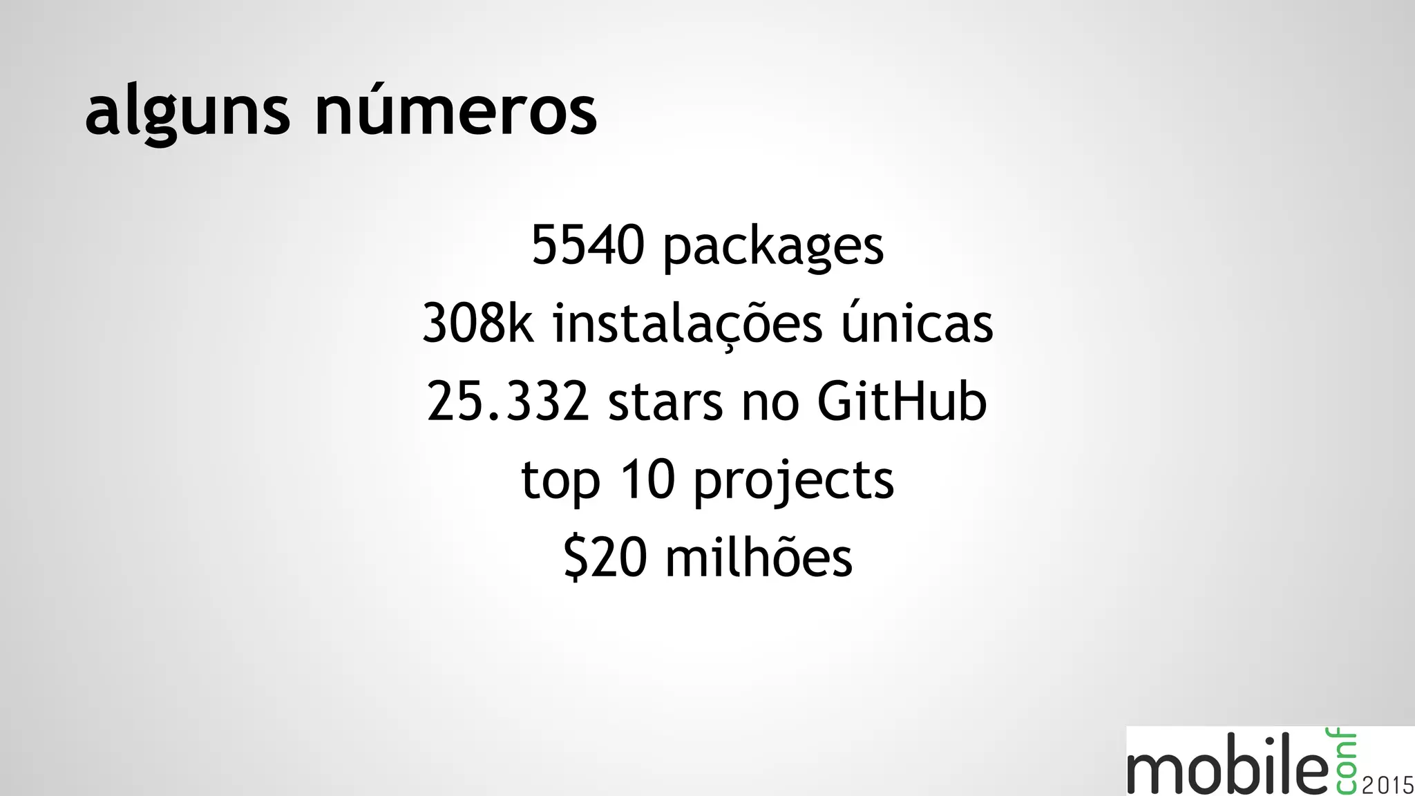 alguns números
5540 packages
308k instalações únicas
25.332 stars no GitHub
top 10 projects
$20 milhões
 
