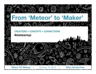 From ‘Meteor’ to ‘Maker’

Meteor NY Meetup

|

January 15, 2014

|

Nitya Narasimhan!

 