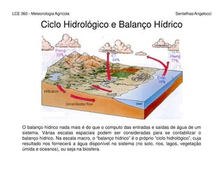 Ciclo Hidrológico e Balanço Hídrico
LCE 360 - Meteorologia Agrícola Sentelhas/Angelocci
O balanço hídrico nada mais é do que o computo das entradas e saídas de água de um
sistema. Várias escalas espaciais podem ser consideradas para se contabilizar o
balanço hídrico. Na escala macro, o “balanço hídrico” é o próprio “ciclo hidrológico”, cuja
resultado nos fornecerá a água disponível no sistema (no solo, rios, lagos, vegetação
úmida e oceanos), ou seja na biosfera.
 