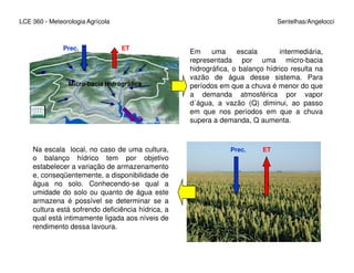 LCE 360 - Meteorologia Agrícola Sentelhas/Angelocci
Prec. ET
Q
Em uma escala intermediária,
representada por uma micro-bacia
hidrográfica, o balanço hídrico resulta na
vazão de água desse sistema. Para
períodos em que a chuva é menor do que
a demanda atmosférica por vapor
d´água, a vazão (Q) diminui, ao passo
em que nos períodos em que a chuva
supera a demanda, Q aumenta.
Micro-bacia Hidrográfica
Prec. ETNa escala local, no caso de uma cultura,
o balanço hídrico tem por objetivo
estabelecer a variação de armazenamento
e, conseqüentemente, a disponibilidade de
água no solo. Conhecendo-se qual a
umidade do solo ou quanto de água este
armazena é possível se determinar se a
cultura está sofrendo deficiência hídrica, a
qual está intimamente ligada aos níveis de
rendimento dessa lavoura.
 