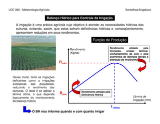 LCE 360 - Meteorologia Agrícola Sentelhas/Angelocci
Balanço Hídrico para Controle da Irrigação
A irrigação é uma prática agrícola cujo objetivo é atender as necessidades hídricas das
culturas, evitando, assim, que estas sofram deficiências hídricas e, conseqüentemente,
apresentem reduções em seus rendimentos.
Rendimento
(Kg/ha)
Rmáx
Rendimento afetado pela
lixiviação, erosão laminar,
encharcamento do solo e pela
ocorrência de doenças devido à
alteração do microclima
Função de Produção
Lâmina de
irrigação (mm)
I ótima
Rmáx
Rmín
Rendimento afetado pela
Deficiência Hídrica
Desse modo, tanto as irrigações
deficientes como a irrigações
excessivas são prejudiciais,
reduzindo o rendimento das
lavouras. O ideal é se aplicar a
lâmina ótima, o que depende
basicamente do monitoramento
do balanço hídrico
O BH nos informa quando e com quanto irrigar
 