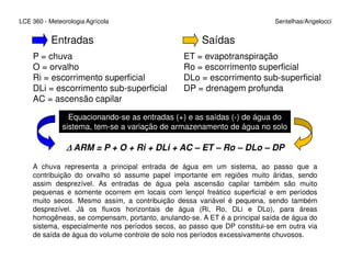 LCE 360 - Meteorologia Agrícola Sentelhas/Angelocci
Entradas
P = chuva
O = orvalho
Ri = escorrimento superficial
DLi = escorrimento sub-superficial
AC = ascensão capilar
Saídas
ET = evapotranspiração
Ro = escorrimento superficial
DLo = escorrimento sub-superficial
DP = drenagem profunda
Equacionando-se as entradas (+) e as saídas (-) de água do
sistema, tem-se a variação de armazenamento de água no solo
∆∆∆∆ ARM = P + O + Ri + DLi + AC – ET – Ro – DLo – DP
A chuva representa a principal entrada de água em um sistema, ao passo que a
contribuição do orvalho só assume papel importante em regiões muito áridas, sendo
assim desprezível. As entradas de água pela ascensão capilar também são muito
pequenas e somente ocorrem em locais com lençol freático superficial e em períodos
muito secos. Mesmo assim, a contribuição dessa variável é pequena, sendo também
desprezível. Já os fluxos horizontais de água (Ri, Ro, DLi e DLo), para áreas
homogêneas, se compensam, portanto, anulando-se. A ET é a principal saída de água do
sistema, especialmente nos períodos secos, ao passo que DP constitui-se em outra via
de saída de água do volume controle de solo nos períodos excessivamente chuvosos.
 