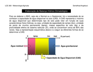 LCE 360 - Meteorologia Agrícola Sentelhas/Angelocci
Elaboração do Balanço Hídrico Climatológico
Para se elaborar o BHC, seja ele o Normal ou o Seqüencial, há a necessidade de se
conhecer a capacidade de água disponível no solo (CAD). A CAD representa o máximo
de água disponível que determinado tipo de solo pode reter em função de suas
características físico-hídricas, ou seja, umidade da capacidade de campo (θcc), umidade
do ponto de murcha permanente (θpmp), massa específica do solo (dg) e da
profundidade efetiva do sistema radicular (Zr), onde se concentram cerca de 80% das
raízes. Veja a representação esquemática abaixo e a seguir as diferentes formas de se
determinar a CAD.
θθθθ (cm3/cm3)θθθθcc θθθθsatθθθθpmp0 θθθθ (cm3/cm3)
Z
θθθθcc θθθθsatθθθθpmp
Zr
0
0
Água gravitacionalÁgua residual
Capacidade de Água Disponível (CAD)
 