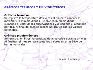 Gráficos térmicos Se registra la temperatura dos veces al día para conocer la máxima y la mínima diarias. Se calcula la media diaria, sumando el valor de las observaciones y dividiendo el resultado por dos. Al final del mes se realiza un gráfico con los valores obtenidos. Gráficos pluviométricos Se registra, en litros, la cantidad de agua caída durante un mes. Al finalizar el mes se representa los valores en un gráfico de barras verticales. GRÁFICOS TÉRMICOS Y PLUVIOMÉTRICOS Jaione  Gaztañaga  