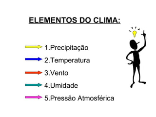 ELEMENTOS DO CLIMA:
1.Precipitação
2.Temperatura
3.Vento
4.Umidade
5.Pressão Atmosférica
 