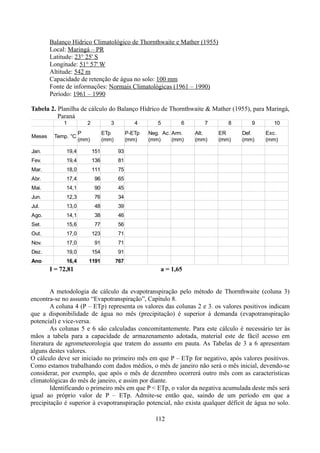 Balanço Hídrico Climatológico de Thornthwaite e Mather (1955)
Local: Maringá – PR
Latitude: 23° 25' S
Longitude: 51° 57' W
Altitude: 542 m
Capacidade de retenção de água no solo: 100 mm
Fonte de informações: Normais Climatológicas (1961 – 1990)
Período: 1961 – 1990
Tabela 2. Planilha de cálculo do Balanço Hídrico de Thornthwaite & Mather (1955), para Maringá,
Paraná
1
Meses

Temp. °C

2

3

P
(mm)

4

ETp
(mm)

P-ETp
(mm)

Jan.

19,4

151

19,4

136

18,0

111

17,4

96

14,1

90

12,3

76

13,0

48

14,1

38

15,6

77

17,0

123

71

Nov.

17,0

91

71

Dez.

19,0

154

91

Ano

16,4

1191

Exc.
(mm)

56

Out.

Def.
(mm)

46

Set.

ER
(mm)

39

Ago.

Alt.
(mm)

34

Jul.

Neg. Ac. Arm.
(mm)
(mm)

10

45

Jun.

9

65

Mai.

8

75

Abr.

7

81

Mar.

6

93

Fev.

5

767

I = 72,81

a = 1,65

A metodologia de cálculo da evapotranspiração pelo método de Thornthwaite (coluna 3)
encontra-se no assunto “Evapotranspiração”, Capítulo 8.
A coluna 4 (P – ETp) representa os valores das colunas 2 e 3. os valores positivos indicam
que a disponibilidade de água no mês (precipitação) é superior à demanda (evapotranspiração
potencial) e vice-versa.
As colunas 5 e 6 são calculadas concomitantemente. Para este cálculo é necessário ter às
mãos a tabela para a capacidade de armazenamento adotada, material este de fácil acesso em
literatura de agrometeorologia que tratem do assunto em pauta. As Tabelas de 3 a 6 apresentam
alguns destes valores.
O cálculo deve ser iniciado no primeiro mês em que P – ETp for negativo, após valores positivos.
Como estamos trabalhando com dados médios, o mês de janeiro não será o mês inicial, devendo-se
considerar, por exemplo, que após o mês de dezembro ocorrerá outro mês com as características
climatológicas do mês de janeiro, e assim por diante.
Identificando o primeiro mês em que P < ETp, o valor da negativa acumulada deste mês será
igual ao próprio valor de P – ETp. Admite-se então que, saindo de um período em que a
precipitação é superior à evapotranspiração potencial, não exista qualquer déficit de água no solo.
112

 