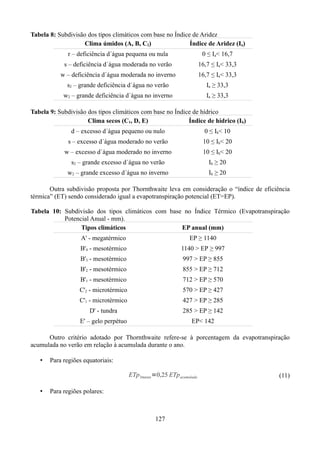 Tabela 8: Subdivisão dos tipos climáticos com base no Índice de Aridez
Clima úmidos (A, B, C2)
Índice de Aridez (Ia)
r – deficiência d´água pequena ou nula

0 ≤ Ia< 16,7

s – deficiência d´água moderada no verão

16,7 ≤ Ia< 33,3

w – deficiência d´água moderada no inverno

16,7 ≤ Ia< 33,3

s2 – grande deficiência d´água no verão

Ia ≥ 33,3

w2 – grande deficiência d´água no inverno

Ia ≥ 33,3

Tabela 9: Subdivisão dos tipos climáticos com base no Índice de hídrico
Clima secos (C1, D, E)
Índice de hídrico (Ih)
d – excesso d´água pequeno ou nulo

0 ≤ Ih< 10

s – excesso d´água moderado no verão

10 ≤ Ih< 20

w – excesso d´água moderado no inverno

10 ≤ Ih< 20

s2 – grande excesso d´água no verão

Ih ≥ 20

w2 – grande excesso d´água no inverno

Ih ≥ 20

Outra subdivisão proposta por Thornthwaite leva em consideração o “índice de eficiência
térmica” (ET) sendo considerado igual a evapotranspiração potencial (ET=EP).
Tabela 10: Subdivisão dos tipos climáticos com base no Índice Térmico (Evapotranspiração
Potencial Anual - mm).
Tipos climáticos
EP anual (mm)
A' - megatérmico

EP ≥ 1140

B'4 - mesotérmico

1140 > EP ≥ 997

B'3 - mesotérmico

997 > EP ≥ 855

B'2 - mesotérmico

855 > EP ≥ 712

B'1 - mesotérmico

712 > EP ≥ 570

C'2 - microtérmico

570 > EP ≥ 427

C'1 - microtérmico

427 > EP ≥ 285

D' - tundra

285 > EP ≥ 142

E' – gelo perpétuo

EP< 142

Outro critério adotado por Thornthwaite refere-se à porcentagem da evapotranspiração
acumulada no verão em relação à acumulada durante o ano.
•

Para regiões equatoriais:
ETp 3meses =0,25 ETp acumulada

•

Para regiões polares:

127

(11)

 