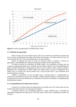 Pagoscópio

11
10

Temperatura de bulbo úmido (ºC)

9

Livre de geada

8

Geada provável

7
6
5
4
3

Geada certa

2
1
0
0

1

2

3

4

5

6

7

8

9

10

11

12

13

14

15

16

17

Temperatura de bulbo seco (ºC)

Figura 2: Gráfico do pagoscópio (CASTRO NETO, 1994).
2.1. Utilização do pagoscópio:
Mais ou menos 20 (vinte) minutos após o pôr do sol, instalar um psicrômetro na parte mais
fria da lavoura (normalmente nas partes mais baixas da lavoura), a 0,5 metro acima do solo. No
caso da cultura do café, o local de instalação deve ser entre 4 plantas.
Deixar em repouso por mais ou menos 20 minutos, efetuar as leituras e verificar, no
pagoscópio, a possibilidade de ocorrência de geada para aquela lavoura naquela noite.
Os dados da leitura do termômetro de bulbo úmido e do termômetro de bulbo seco são
cruzados no pagoscópio,sendo que o encontro das duas linhas indicará a área de probabilidade de
geada. Cuidado especial deve ser dado para que não se inverta os dados ao fazer a leitura no gráfico,
lembrando que a temperatura de bulbo úmido será sempre menor ou igual à temperatura do ar
(bulbo seco). A inversão dos valores poderá levar à uma previsão falsa, o que certamente trará
grandes prejuízos a lavoura.
Estando o cruzamento na área de geada certa, o próximo passo é a determinação ou
estimativa do momento em que deve ser iniciado o combate à geada. Estando o cruzamento na área
de geada provável, devemos determinar se o fenômeno ocorrerá ou não fazendo o acompanhamento
da temperatura noturna.
2.2. Acompanhamento da temperatura noturna
Consiste em se efetuar leituras da temperatura do ar (bulbo seco) a 0,5 metro acima do solo,
na parte mais fria da lavoura, em intervalos de uma hora.
A primeira leitura a ser considerada poderá ser aquela efetuada para a utilização do
pagoscópio (temperatura do bulbo seco). O local de leitura, assim como o equipamento, poderá ser
o mesmo.
134

 