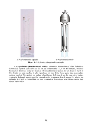 a) Psicrômetro não-aspirado
b) Psicrômetro aspirado
Figura 8 – Psicrômetro não-aspirado e aspirado.
4. Evaporímetro (Atmômetro) de Pichê: é constituído de um tubo de vidro, fechado na
extremidade superior, com cerca de 30 cm de comprimento e 1,5 cm de diâmetro, instalado
dependurado dentro do abrigo (1) e com a extremidade inferior fechada por um disco de papel de
filtro fixado por uma presilha. O tubo é graduado em mm, de tal forma que a água evaporada a
partir do papel de filtro poderá ser medida pela diferença de leitura de um dia para outro. Mede a
evaporação da água à sombra, também chamado poder evaporante do ar à sombra. As leituras são
realizadas às 9:00 h e a quantidade de água evaporada é determinada pela diferença entre duas
leituras consecutivas.

14

 