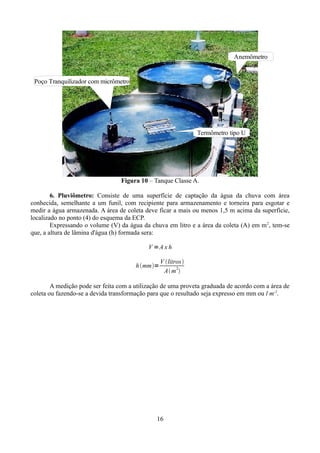 Anemômetro

Poço Tranquilizador com micrômetro

Termômetro tipo U

Figura 10 – Tanque Classe A.
6. Pluviômetro: Consiste de uma superfície de captação da água da chuva com área
conhecida, semelhante a um funil, com recipiente para armazenamento e torneira para esgotar e
medir a água armazenada. A área de coleta deve ficar a mais ou menos 1,5 m acima da superfície,
localizado no ponto (4) do esquema da ECP.
Expressando o volume (V) da água da chuva em litro e a área da coleta (A) em m 2, tem-se
que, a altura de lâmina d'água (h) formada sera:
V =A x h

h mm=

V litros
A m2

A medição pode ser feita com a utilização de uma proveta graduada de acordo com a área de
coleta ou fazendo-se a devida transformação para que o resultado seja expresso em mm ou l m-2.

16

 