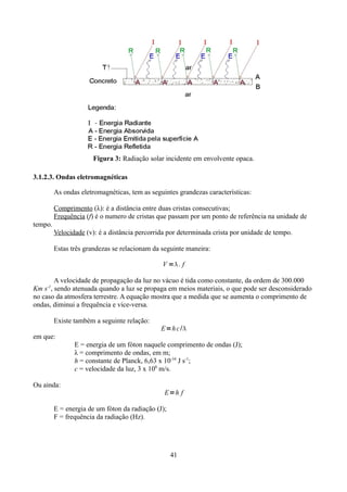 Figura 3: Radiação solar incidente em envolvente opaca.
3.1.2.3. Ondas eletromagnéticas
As ondas eletromagnéticas, tem as seguintes grandezas características:
Comprimento (λ): é a distância entre duas cristas consecutivas;
Frequência (f) é o numero de cristas que passam por um ponto de referência na unidade de
tempo.
Velocidade (v): é a distância percorrida por determinada crista por unidade de tempo.
Estas três grandezas se relacionam da seguinte maneira:
V =. f

A velocidade de propagação da luz no vácuo é tida como constante, da ordem de 300.000
Km s , sendo atenuada quando a luz se propaga em meios materiais, o que pode ser desconsiderado
no caso da atmosfera terrestre. A equação mostra que a medida que se aumenta o comprimento de
ondas, diminui a frequência e vice-versa.
-1

Existe também a seguinte relação:

E=h c /

em que:
E = energia de um fóton naquele comprimento de ondas (J);
λ = comprimento de ondas, em m;
h = constante de Planck, 6,63 x 10-34 J s-1;
c = velocidade da luz, 3 x 108 m/s.
Ou ainda:

E=h f

E = energia de um fóton da radiação (J);
F = frequência da radiação (Hz).

41

 