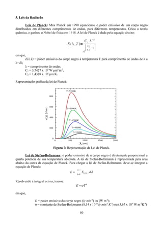 5. Leis da Radiação
Leis de Planck: Max Planck em 1990 equacionou o poder emissivo de um corpo negro
distribuídos em diferentes comprimentos de ondas, para diferentes temperaturas. Criou a teoria
quântica, e ganhou o Nobel de física em 1918. A lei de Planck é dada pela equação abaixo:

E  ,T =

C 1. −5

[
e

C2
−1
 .T

]

em que,
E(λ,T) = poder emissivo do corpo negro à temperatura T para comprimento de ondas de λ a
λ+dλ;
λ = comprimento de ondas;
C1 = 3,7427 x 108 W μm4 m-2,
C2 = 1,4388 x 104 μm K.
Representação gráfica da lei de Planck:

Figura 7: Representação da Lei de Planck.
Lei de Stefan-Boltzmann: o poder emissivo de u corpo negro é diretamente proporcional a
quarta potência de sua temperatura absoluta. A lei de Stefan-Boltzmann é representada pela área
abaixo da curva da equação de Planck. Para chegar a lei de Stefan-Boltzmann, deve-se integrar a
equação de Planck:
E

 ﾥ
 0

E(  ,T ) .d 

Resolvendo a integral acima, tem-se:
E  T 4
em que,
E = poder emissivo do corpo negro (ly min-1) ou (W m-2);
σ = constante de Stefan-Boltzmann (8,14 x 10-11 ly min-1 K-4) ou (5,67 x 10-8 W m-2K-4)
50

 