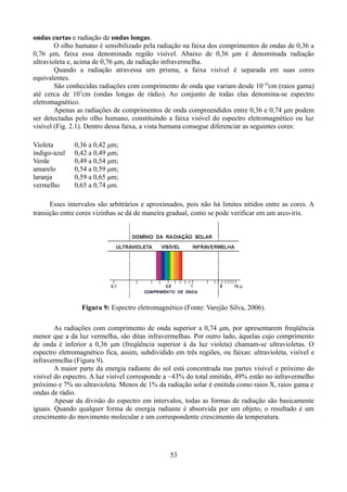 ondas curtas e radiação de ondas longas.
O olho humano é sensibilizado pela radiação na faixa dos comprimentos de ondas de 0,36 a
0,76 μm, faixa essa denominada região visível. Abaixo de 0,36 μm é denominada radiação
ultravioleta e, acima de 0,76 μm, de radiação infravermelha.
Quando a radiação atravessa um prisma, a faixa visível é separada em suas cores
equivalentes.
São conhecidas radiações com comprimento de onda que variam desde 10-10cm (raios gama)
até cerca de 107cm (ondas longas de rádio). Ao conjunto de todas elas denomina-se espectro
eletromagnético.
Apenas as radiações de comprimentos de onda compreendidos entre 0,36 e 0,74 μm podem
ser detectadas pelo olho humano, constituindo a faixa visível do espectro eletromagnético ou luz
visível (Fig. 2.1). Dentro dessa faixa, a vista humana consegue diferenciar as seguintes cores:
Violeta
índigo-azul
Verde
amarelo
laranja
vermelho

0,36 a 0,42 μm;
0,42 a 0,49 μm;
0,49 a 0,54 μm;
0,54 a 0,59 μm;
0,59 a 0,65 μm;
0,65 a 0,74 μm.

Esses intervalos são arbitrários e aproximados, pois não há limites nítidos entre as cores. A
transição entre cores vizinhas se dá de maneira gradual, como se pode verificar em um arco-íris.

Figura 9: Espectro eletromagnético (Fonte: Varejão Silva, 2006).
As radiações com comprimento de onda superior a 0,74 μm, por apresentarem freqüência
menor que a da luz vermelha, são ditas infravermelhas. Por outro lado, àquelas cujo comprimento
de onda é inferior a 0,36 μm (freqüência superior à da luz violeta) chamam-se ultravioletas. O
espectro eletromagnético fica, assim, subdividido em três regiões, ou faixas: ultravioleta, visível e
infravermelha (Figura 9).
A maior parte da energia radiante do sol está concentrada nas partes visível e próximo do
visível do espectro. A luz visível corresponde a ~43% do total emitido, 49% estão no infravermelho
próximo e 7% no ultravioleta. Menos de 1% da radiação solar é emitida como raios X, raios gama e
ondas de rádio.
Apesar da divisão do espectro em intervalos, todas as formas de radiação são basicamente
iguais. Quando qualquer forma de energia radiante é absorvida por um objeto, o resultado é um
crescimento do movimento molecular e um correspondente crescimento da temperatura.

53

 