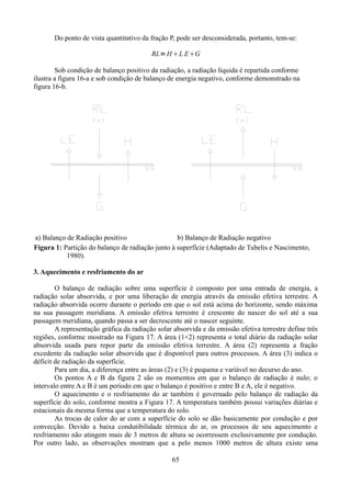Do ponto de vista quantitativo da fração P, pode ser desconsiderada, portanto, tem-se:
RL= H L EG
Sob condição de balanço positivo da radiação, a radiação líquida é repartida conforme
ilustra a figura 16-a e sob condição de balanço de energia negativo, conforme demonstrado na
figura 16-b.

a) Balanço de Radiação positivo
b) Balanço de Radiação negativo
Figura 1: Partição do balanço de radiação junto à superfície (Adaptado de Tubelis e Nascimento,
1980).
3. Aquecimento e resfriamento do ar
O balanço de radiação sobre uma superfície é composto por uma entrada de energia, a
radiação solar absorvida, e por uma liberação de energia através da emissão efetiva terrestre. A
radiação absorvida ocorre durante o período em que o sol está acima do horizonte, sendo máxima
na sua passagem meridiana. A emissão efetiva terrestre é crescente do nascer do sol até a sua
passagem meridiana, quando passa a ser decrescente até o nascer seguinte.
A representação gráfica da radiação solar absorvida e da emissão efetiva terrestre define três
regiões, conforme mostrado na Figura 17. A área (1+2) representa o total diário da radiação solar
absorvida usada para repor parte da emissão efetiva terrestre. A área (2) representa a fração
excedente da radiação solar absorvida que é disponível para outros processos. A área (3) indica o
déficit de radiação da superfície.
Para um dia, a diferença entre as áreas (2) e (3) é pequena e variável no decurso do ano.
Os pontos A e B da figura 2 são os momentos em que o balanço de radiação é nulo; o
intervalo entre A e B é um período em que o balanço é positivo e entre B e A, ele é negativo.
O aquecimento e o resfriamento do ar também é governado pelo balanço de radiação da
superfície do solo, conforme mostra a Figura 17. A temperatura também possui variações diárias e
estacionais da mesma forma que a temperatura do solo.
As trocas de calor do ar com a superfície do solo se dão basicamente por condução e por
convecção. Devido a baixa condutibilidade térmica do ar, os processos de seu aquecimento e
resfriamento não atingem mais de 3 metros de altura se ocorressem exclusivamente por condução.
Por outro lado, as observações mostram que a pelo menos 1000 metros de altura existe uma
65

 