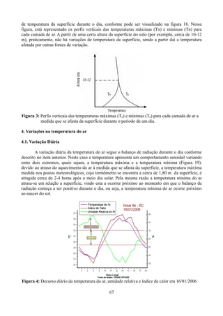 de temperatura da superfície durante o dia, conforme pode ser visualizado na figura 18. Nessa
figura, está representado os perfis verticais das temperaturas máximas (Tx) e mínimas (Tn) para
cada camada de ar. A partir de uma certa altura da superfície do solo (por exemplo, cerca de 10-12
m), praticamente, não há variações de temperatura da superfície, sendo a partir daí a temperatura
afetada por outras fontes de variação.

Figura 3: Perfis verticais das temperaturas máximas (Tx) e mínimas (Tn) para cada camada de ar a
medida que se afasta da superfície durante o período de um dia.
4. Variações na temperatura do ar
4.1. Variação Diária
A variação diária da temperatura do ar segue o balanço de radiação durante o dia conforme
descrito no item anterior. Neste caso a temperatura apresenta um comportamento senoidal variando
entre dois extremos, quais sejam, a temperatura máxima e a temperatura mínima (Figura 19).
devido ao atraso do aquecimento do ar á medida que se afasta da superfície, a temperatura máxima
medida nos postos meteorológicos, cujo termômetro se encontra a cerca de 1,80 m da superfície, é
atingida cerca de 2-4 horas após o meio dia solar. Pela mesma razão a temperatura mínima do ar
atrasa-se em relação a superfície, vindo esta a ocorrer próximo ao momento em que o balanço de
radiação começa a ser positivo durante o dia, ou seja, a temperatura mínima do ar ocorre próximo
ao nascer do sol.

Figura 4: Decurso diário da temperatura do ar, umidade relativa e índice de calor em 16/01/2006
67

 