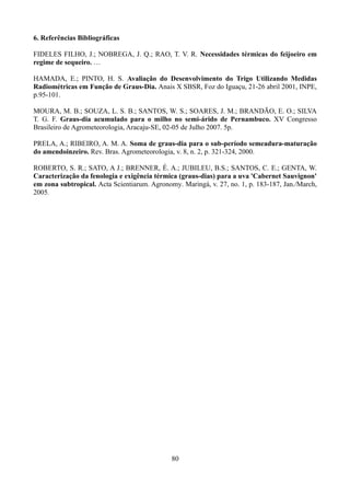 6. Referências Bibliográficas
FIDELES FILHO, J.; NOBREGA, J. Q.; RAO, T. V. R. Necessidades térmicas do feijoeiro em
regime de sequeiro. …
HAMADA, E.; PINTO, H. S. Avaliação do Desenvolvimento do Trigo Utilizando Medidas
Radiométricas em Função de Graus-Dia. Anais X SBSR, Foz do Iguaçu, 21-26 abril 2001, INPE,
p.95-101.
MOURA, M. B.; SOUZA, L. S. B.; SANTOS, W. S.; SOARES, J. M.; BRANDÃO, E. O.; SILVA
T. G. F. Graus-dia acumulado para o milho no semi-árido de Pernambuco. XV Congresso
Brasileiro de Agrometeorologia, Aracaju-SE, 02-05 de Julho 2007. 5p.
PRELA, A.; RIBEIRO, A. M. A. Soma de graus-dia para o sub-período semeadura-maturação
do amendoinzeiro. Rev. Bras. Agrometeorologia, v. 8, n. 2, p. 321-324, 2000.
ROBERTO, S. R.; SATO, A J.; BRENNER, É. A.; JUBILEU, B.S.; SANTOS, C. E.; GENTA, W.
Caracterização da fenologia e exigência térmica (graus-dias) para a uva 'Cabernet Sauvignon'
em zona subtropical. Acta Scientiarum. Agronomy. Maringá, v. 27, no. 1, p. 183-187, Jan./March,
2005.

80

 