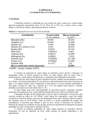 CAPÍTULO 8
O VAPOR D'ÁGUA NA ATMOSFERA
1. Introdução
A atmosfera terrestre é constituída por uma mistura de gases, sendo que a maioria deles
apresenta proporções praticamente fixas: N2 (± 78%), (O2 ± 21%), H2, e outros, como o vapor
d'água e o dióxido de carbono, apresentam proporções variáveis.
Tabela 1: Composição do ar seco até 25 km de Altitude

A variação na proporção do vapor d'água na atmosfera ocorre devido a alterações na
temperatura, maior ou menor presença de fontes de vapor d'água, além de outras. Para o
meteorologista, o vapor d'água é simplesmente o constituinte mais importante da atmosfera.
A presença de vapor d'água na baixa atmosfera terrestre, medida em percentagem em base
em volume, varia desde praticamente 0% nos desertos, onde praticamente não existe a presença de
água, e nas regiões polares, onde a temperatura é muito baixa e o ar tem reduzida capacidade de
reter água na forma de vapor, até o máximo de 5 a 6% em regiões muito quentes e úmidas,
podendo-se considerar um valor médio entre 2 e 3%.
O vapor d'água atua como termorregulador na atmosfera terrestre, atenuando variações
acentuadas na temperatura do ar, sendo também principal absorvente seletivo da radiação solar.
A passagem da água da fase líquida para a fase de vapor (evaporação) é um processo que
consome energia na ordem de 2,45 MJ.kg-1 (calor latente de evaporação) a qual será cedida
novamente ao ambiente durante o processo de condensação desse vapor. Quando a água se congela,
são liberados cerca de 0,335 MJ.kg-1 (calor de fusão) e a mesma quantidade de energia, por
conseqüência, é necessária para derreter o gelo ou neve. Assim, os processos de consumo e
liberação de energia nas mudanças de fase da água promovem mecanismos de transporte de grande
quantidade de calor e energia para a superfície da terra.
A variação na pequena quantidade de vapor d'água presente na atmosfera interfere
diretamente na vida da superfície da terra, sendo portanto de grande importância a sua
quantificação.
81

 