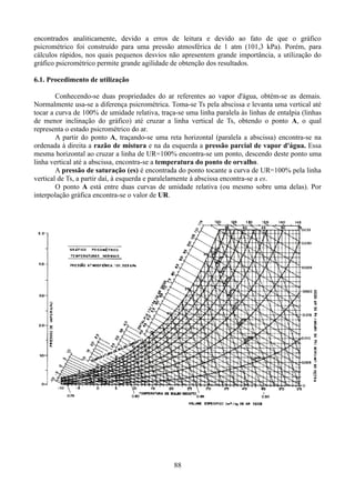 encontrados analiticamente, devido a erros de leitura e devido ao fato de que o gráfico
psicrométrico foi construído para uma pressão atmosférica de 1 atm (101,3 kPa). Porém, para
cálculos rápidos, nos quais pequenos desvios não apresentem grande importância, a utilização do
gráfico psicrométrico permite grande agilidade de obtenção dos resultados.
6.1. Procedimento de utilização
Conhecendo-se duas propriedades do ar referentes ao vapor d'água, obtém-se as demais.
Normalmente usa-se a diferença psicrométrica. Toma-se Ts pela abscissa e levanta uma vertical até
tocar a curva de 100% de umidade relativa, traça-se uma linha paralela às linhas de entalpia (linhas
de menor inclinação do gráfico) até cruzar a linha vertical de Ts, obtendo o ponto A, o qual
representa o estado psicrométrico do ar.
A partir do ponto A, traçando-se uma reta horizontal (paralela a abscissa) encontra-se na
ordenada à direita a razão de mistura e na da esquerda a pressão parcial de vapor d'água. Essa
mesma horizontal ao cruzar a linha de UR=100% encontra-se um ponto, descendo deste ponto uma
linha vertical até a abscissa, encontra-se a temperatura do ponto de orvalho.
A pressão de saturação (es) é encontrada do ponto tocante a curva de UR=100% pela linha
vertical de Ts, a partir daí, à esquerda e paralelamente à abscissa encontra-se a es.
O ponto A está entre duas curvas de umidade relativa (ou mesmo sobre uma delas). Por
interpolação gráfica encontra-se o valor de UR.

88

 