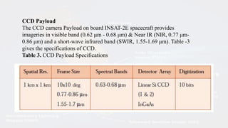 CCD Payload
The CCD camera Payload on board INSAT-2E spacecraft provides
imageries in visible band (0.62 μm - 0.68 μm) & Near IR (NIR, 0.77 μm-
0.86 μm) and a short-wave infrared band (SWIR, 1.55-1.69 μm). Table -3
gives the specifications of CCD.
Table 3. CCD Payload Specifications
 
