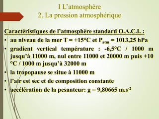I L’atmosphère
2. La pression atmosphérique
Caractéristiques de l’atmosphère standard O.A.C.I. :
• au niveau de la mer T =...