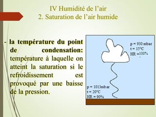 IV Humidité de l’air
2. Saturation de l’air humide
- la température du point
de condensation:
température à laquelle on
at...