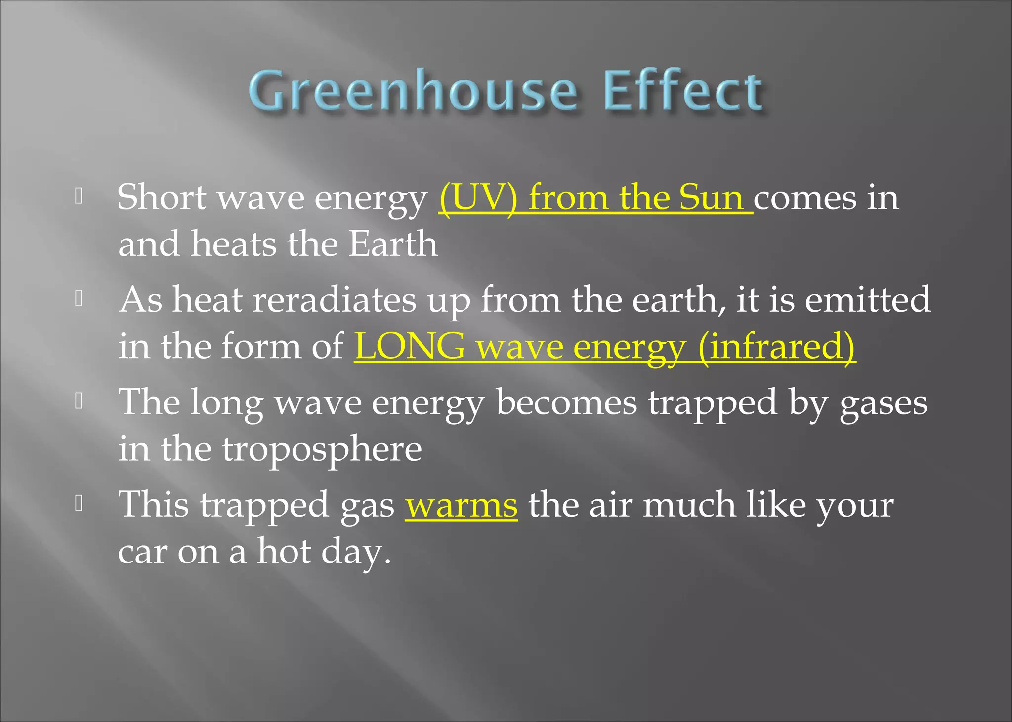 







Short wave energy (UV) from the Sun comes in
and heats the Earth
As heat reradiates up from the earth, it is emitted
in the form of LONG wave energy (infrared)
The long wave energy becomes trapped by gases
in the troposphere
This trapped gas warms the air much like your
car on a hot day.

 