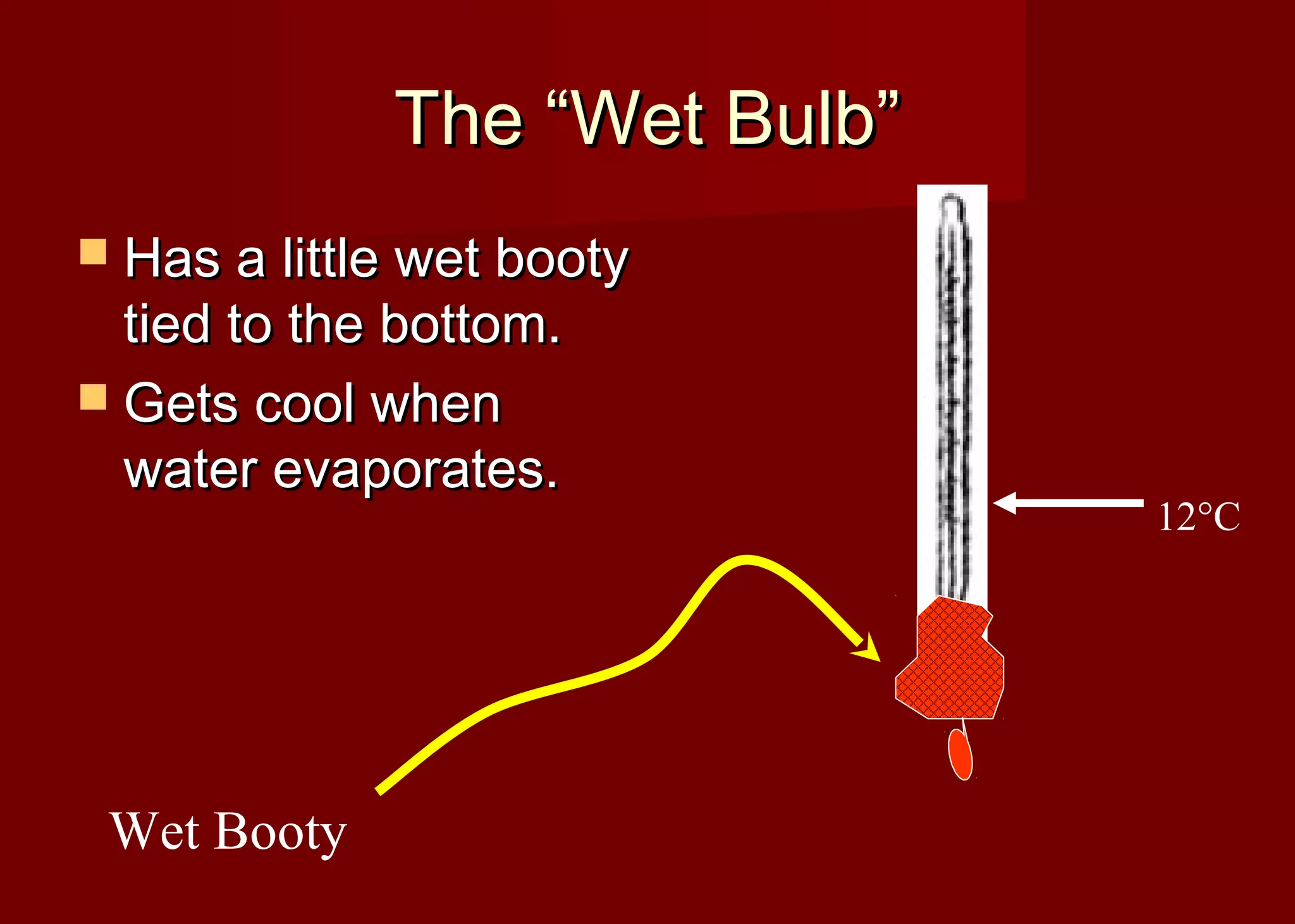 The “Wet Bulb”
 Has a little wet booty

tied to the bottom.
 Gets cool when
water evaporates.

Wet Booty

12°C

 