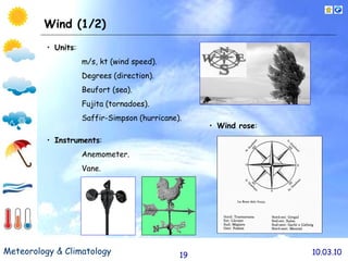Wind (1/2) Units : m/s, kt (wind speed). Degrees (direction). Beufort (sea). Fujita (tornadoes). Saffir-Simpson (hurricane). Instruments : Anemometer. Vane. Wind rose : 