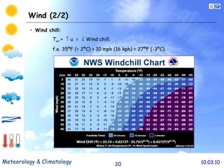 Wind (2/2) Wind chill: T air  +    u  =    Wind chill. f.e. 35ºF (= 2ºC) + 10 mph (16 kph) = 27ºF (-3ºC). 