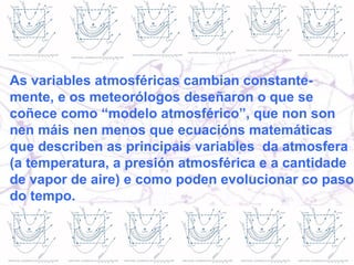 As variables atmosféricas cambian constante-mente, e os meteorólogos deseñaron o que se coñece como “modelo atmosférico”, que non son nen máis nen menos que ecuacións matemáticas que describen as principais variables  da atmosfera (a temperatura, a presión atmosférica e a cantidade de vapor de aire) e como poden evolucionar co paso do tempo. 