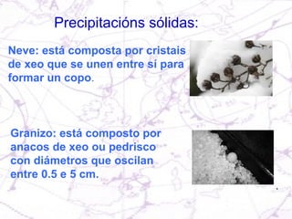 Precipitacións sólidas: Neve: está composta por cristais de xeo que se unen entre sí para formar un copo . Granizo: está composto por anacos de xeo ou pedrisco con diámetros que oscilan entre 0.5 e 5 cm.   