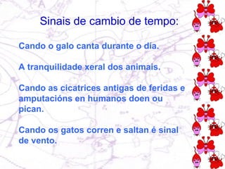 Cando o galo canta durante o día. A tranquilidade xeral dos animais. Cando as cicatrices antigas de feridas e amputacións en humanos doen ou pican. Cando os gatos corren e saltan é sinal de vento. Sinais de cambio de tempo: 