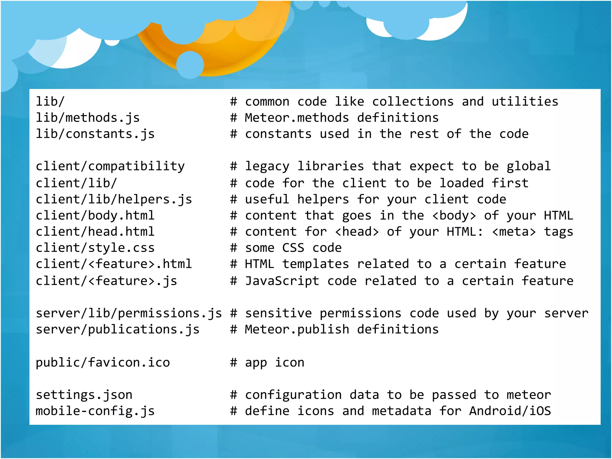 lib/ # common code like collections and utilities 
lib/methods.js # Meteor.methods definitions 
lib/constants.js # constants used in the rest of the code 
client/compatibility # legacy libraries that expect to be global 
client/lib/ # code for the client to be loaded first 
client/lib/helpers.js # useful helpers for your client code 
client/body.html # content that goes in the <body> of your HTML 
client/head.html # content for <head> of your HTML: <meta> tags 
client/style.css # some CSS code 
client/<feature>.html # HTML templates related to a certain feature 
client/<feature>.js # JavaScript code related to a certain feature 
server/lib/permissions.js # sensitive permissions code used by your server 
server/publications.js # Meteor.publish definitions 
public/favicon.ico # app icon 
settings.json # configuration data to be passed to meteor 
mobile-config.js # define icons and metadata for Android/iOS 
 