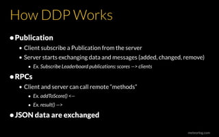 meteorlog.com
How DDP Works
•Publication
• Client subscribe a Publication from the server
• Server starts exchanging data and messages (added, changed, remove)
• Ex. Subscribe Leaderboard publications: scores —> clients
•RPCs
• Client and server can call remote “methods”
• Ex. addToScore() <—
• Ex. result() —>
•JSON data are exchanged
 