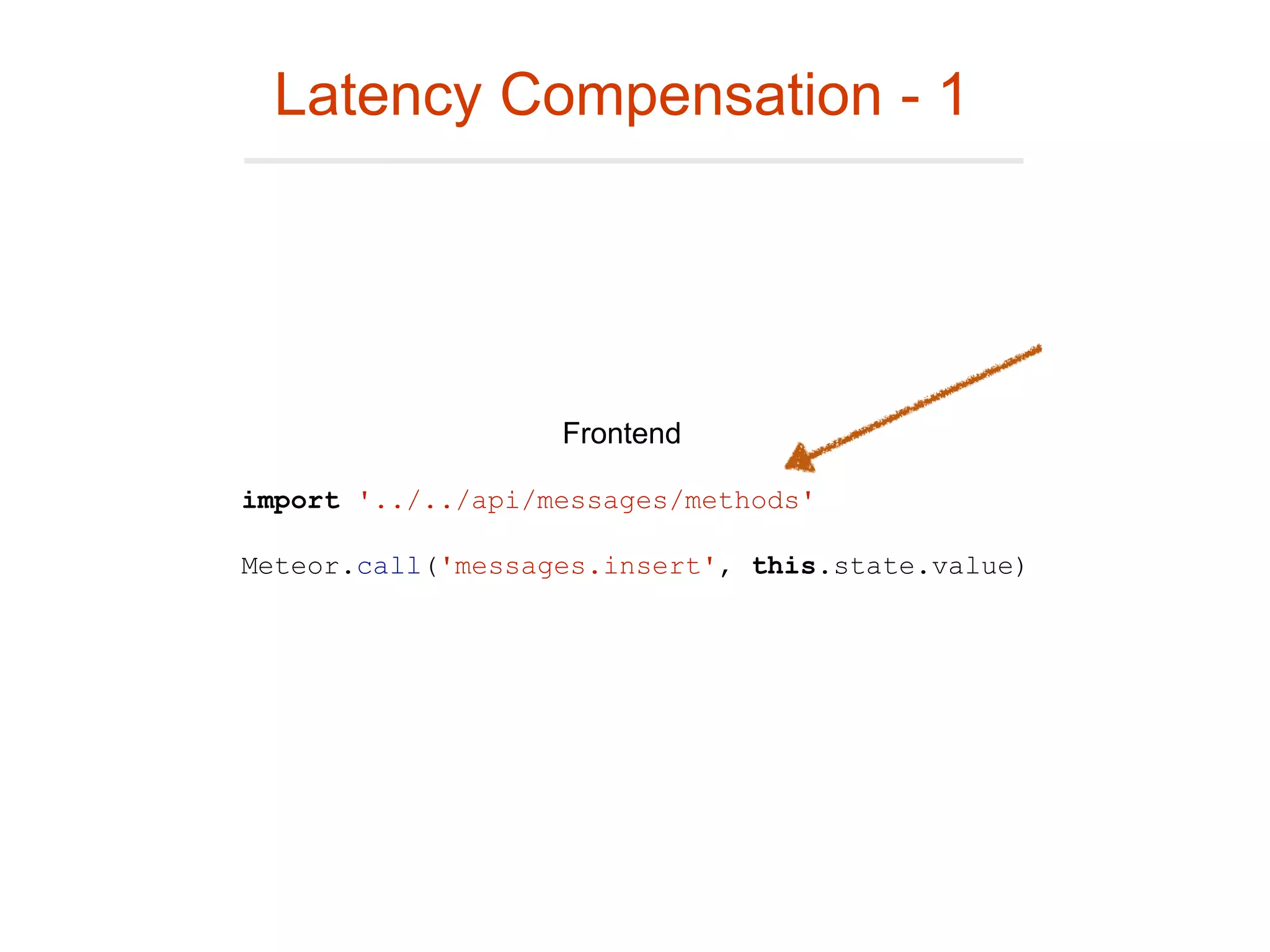 Latency Compensation - 1
import '../../api/messages/methods'
Meteor.call('messages.insert', this.state.value)
Frontend
 
