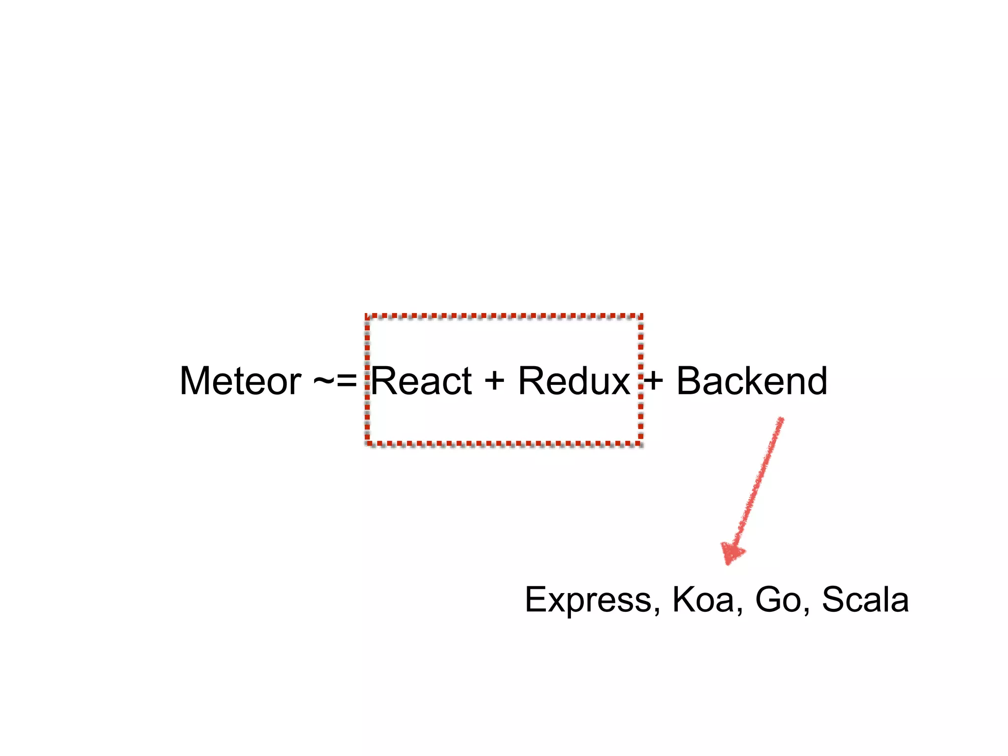 Meteor ~= React + Redux + Backend
Express, Koa, Go, Scala
 